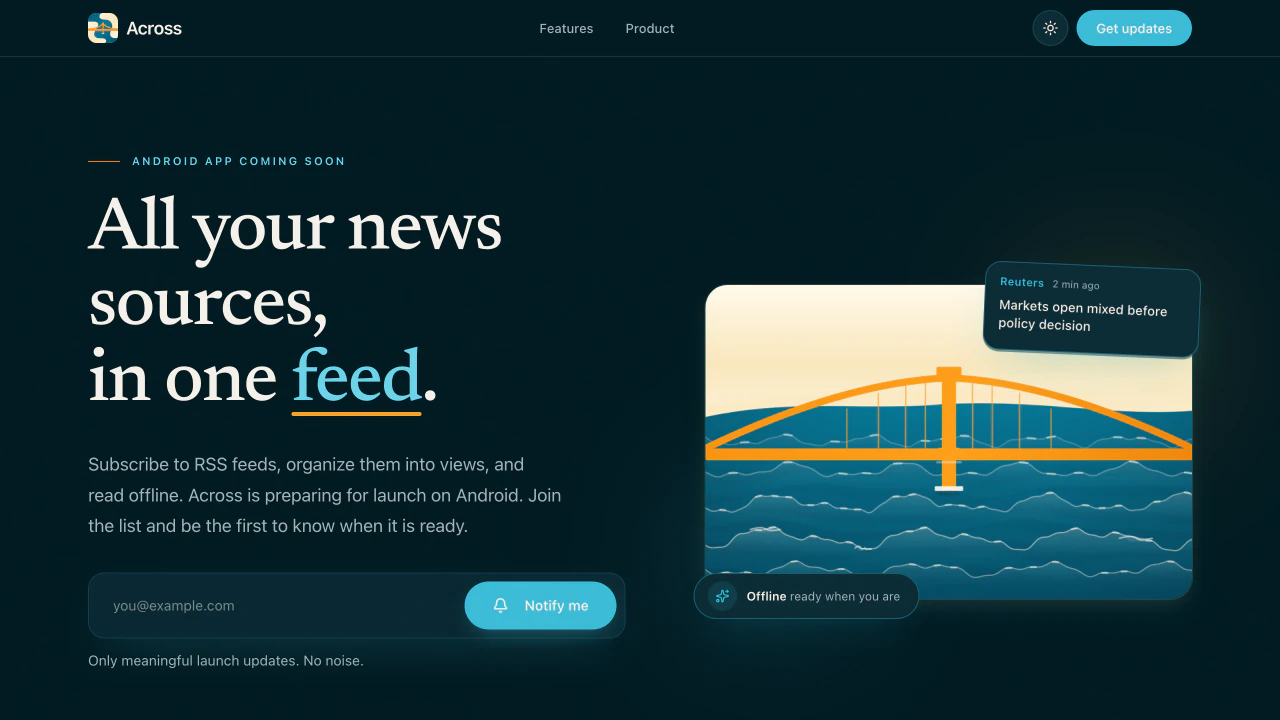 Across news reader homepage with a calm teal feed interface