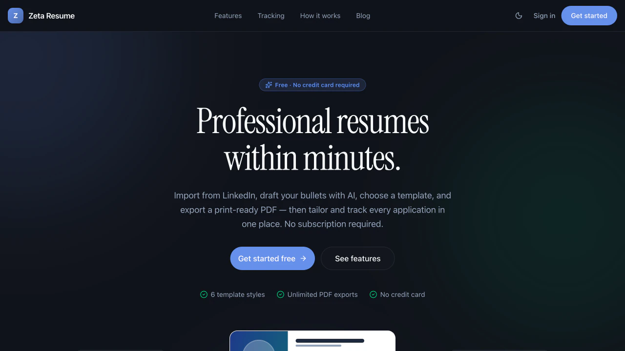 Zeta Resume homepage showing its AI resume builder